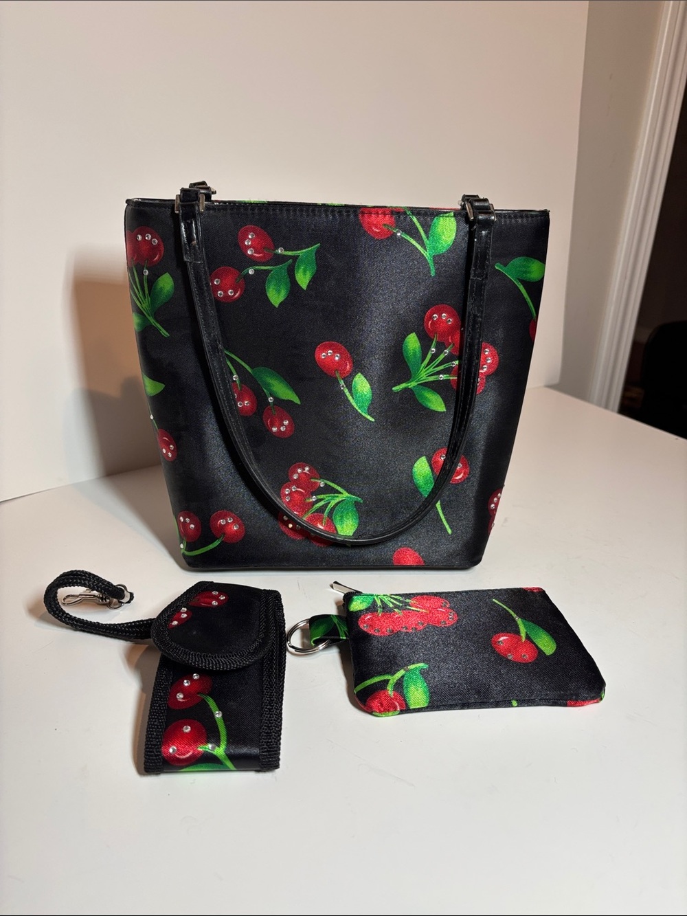 Black Cherry Print Tote with Matching Coin Pouch & Key Case